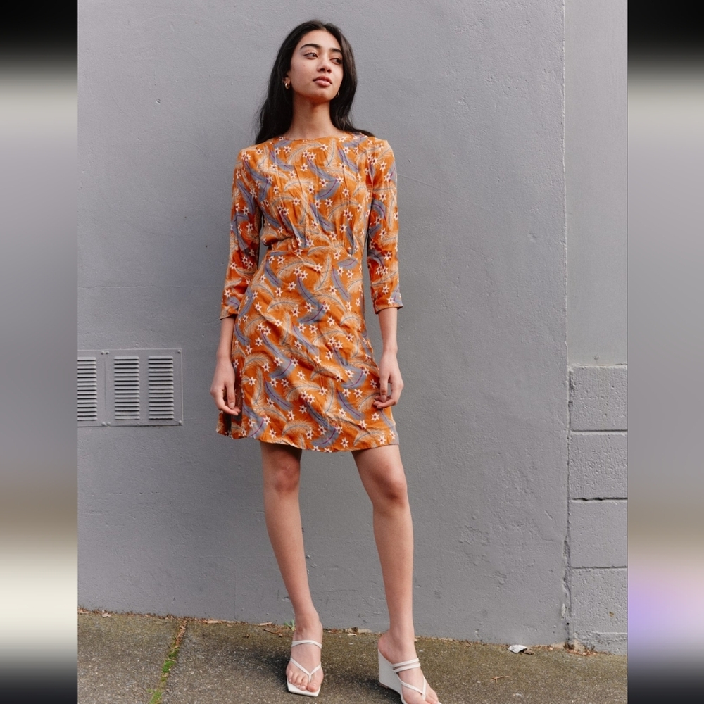 Paris Atelier x & Other Stories Fall Hue Floral Feather Print Bodycon Dress Sz 2